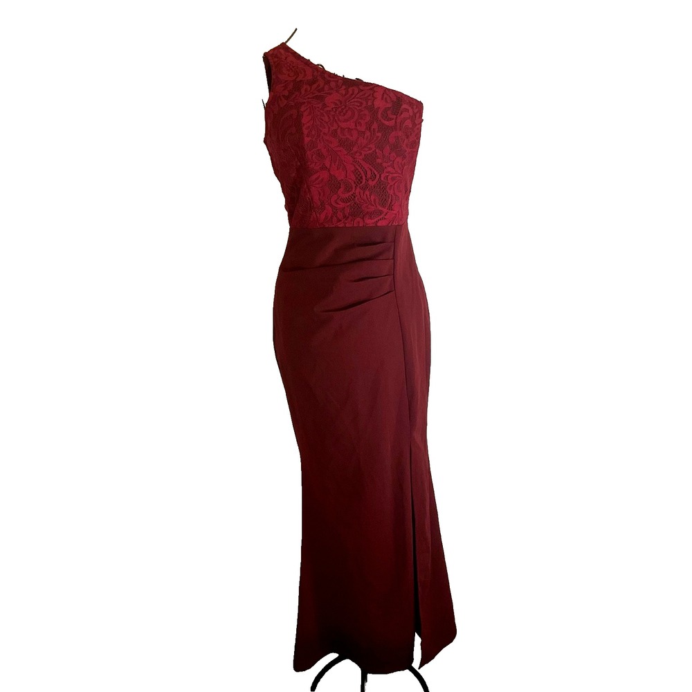 One Shoulder Burgundy Floral Pleated Waist High Side Slit Formal Dress - Picture 3 of 12